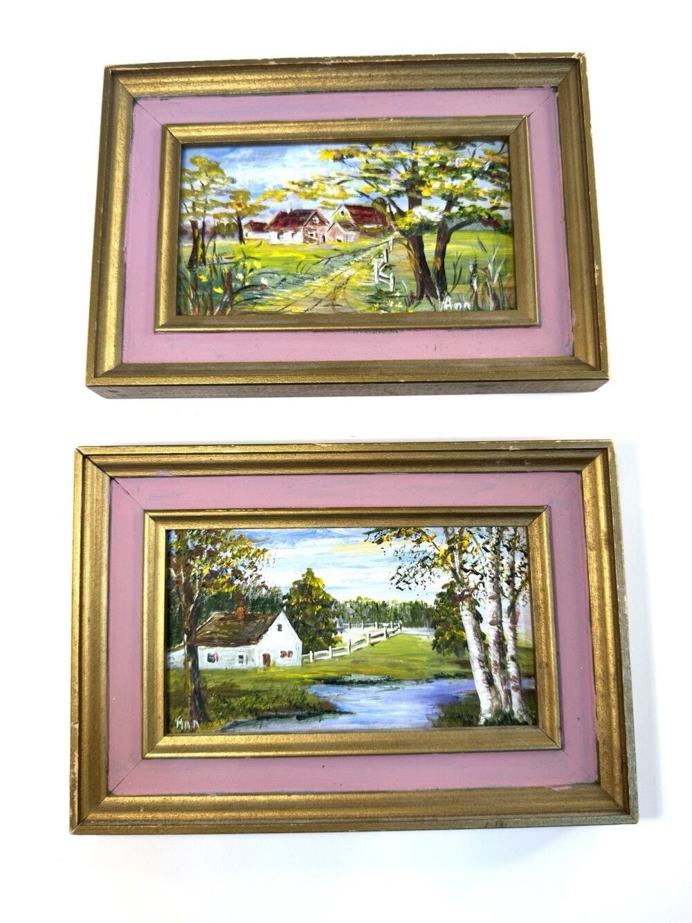 Vintage Mini Impressionist Landscape Paintings Countryside Farm House Miniature